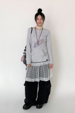 Blue-Grey Striped Long Sleeve T-Shirt with Small Wings Print - Slim Fit Round Neck Women's Tee for Spring 90s Y2K Style