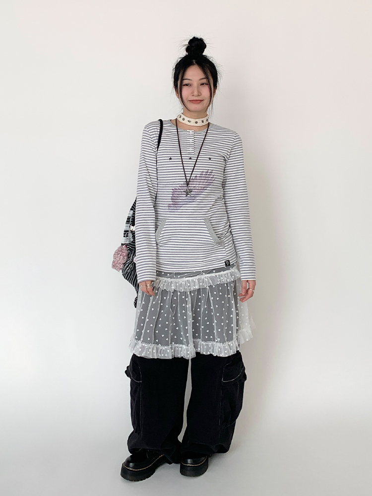 Blue-Grey Striped Long Sleeve T-Shirt with Small Wings Print - Slim Fit Round Neck Women's Tee for Spring 90s Y2K Style Blue-Grey Striped Long Sleeve T-Shirt with Small Wings Print - Slim Fit Round Neck Women's Tee for Spring 90s Y2K Style