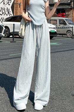 Blue Lace Drawstring High-Waisted Wide-Leg Ice Silk Cotton Linen Pants for Women - Summer Casual Floor-Length Trousers