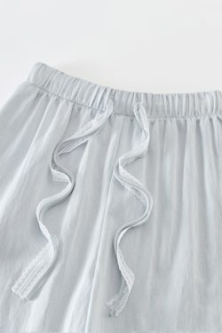 Blue Lace Drawstring High-Waisted Wide-Leg Ice Silk Cotton Linen Pants for Women - Summer Casual Floor-Length Trousers