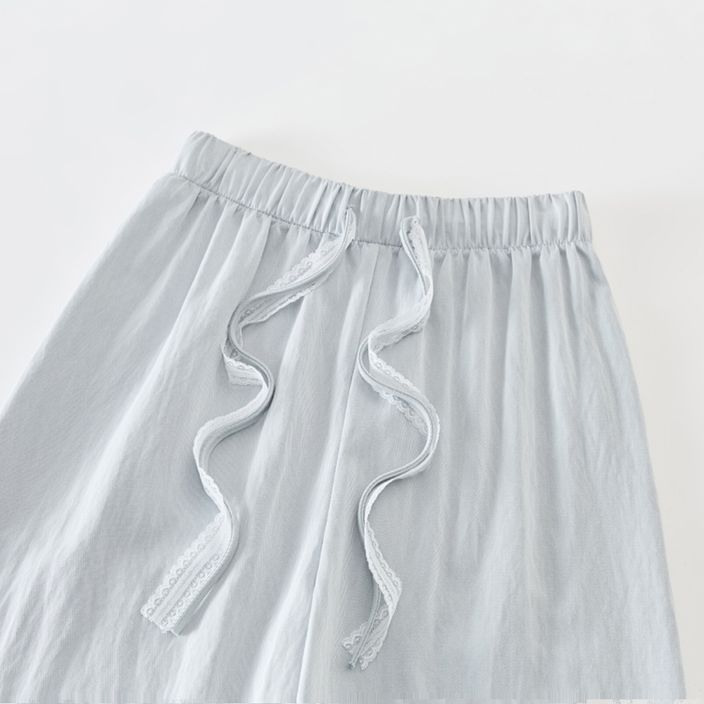 Blue Lace Drawstring High-Waisted Wide-Leg Ice Silk Cotton Linen Pants for Women - Summer Casual Floor-Length Trousers Blue Lace Drawstring High-Waisted Wide-Leg Ice Silk Cotton Linen Pants for Women - Summer Casual Floor-Length Trousers