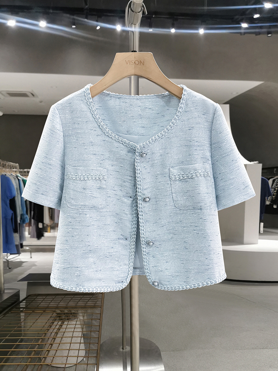 Blue Lightweight Chanel-Style Blazer for Women - Stylish Summer Top from 2025 Collection, Gentle and Youthful Design Blue Lightweight Chanel-Style Blazer for Women - Stylish Summer Top from 2025 Collection, Gentle and Youthful Design