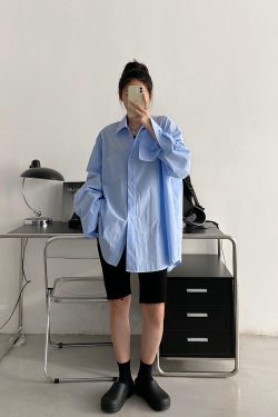 Blue Long Sleeve Shirt for Women - Thin Korean Style Blouse, Loose Casual Spring Autumn Top with Sun Grapefruit Design