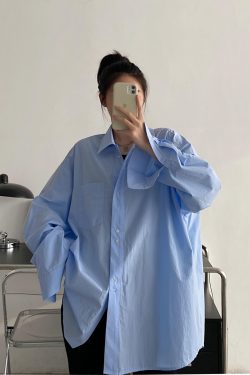 Blue Long Sleeve Shirt for Women - Thin Korean Style Blouse, Loose Casual Spring Autumn Top with Sun Grapefruit Design