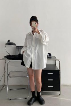 Blue Long Sleeve Shirt for Women - Thin Korean Style Blouse, Loose Casual Spring Autumn Top with Sun Grapefruit Design