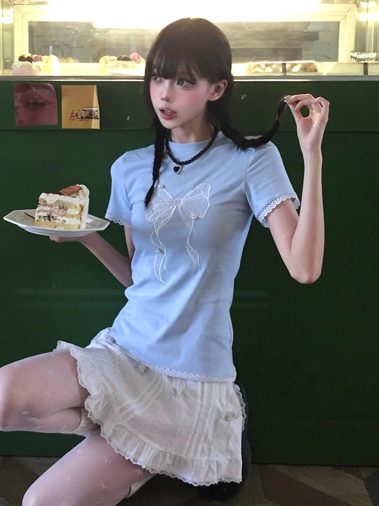 Blue Off-Shoulder Short Sleeve Summer T-Shirt for Women with Bow Lace, Slim Fit Flattering Sweet & Spicy Jazz Top Blue Off-Shoulder Short Sleeve Summer T-Shirt for Women with Bow Lace, Slim Fit Flattering Sweet & Spicy Jazz Top