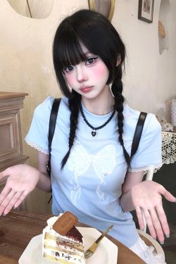 Blue Off-Shoulder Short Sleeve Summer T-Shirt for Women with Bow Lace, Slim Fit Flattering Sweet & Spicy Jazz Top