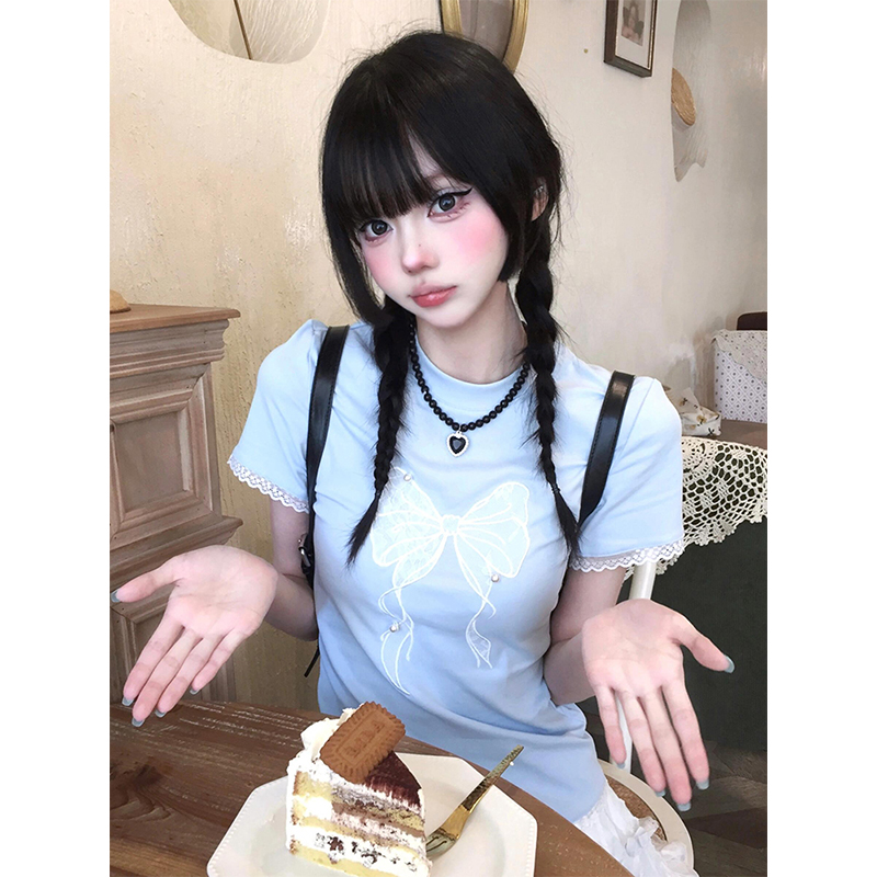 Blue Off-Shoulder Short Sleeve Summer T-Shirt for Women with Bow Lace, Slim Fit Flattering Sweet & Spicy Jazz Top Blue Off-Shoulder Short Sleeve Summer T-Shirt for Women with Bow Lace, Slim Fit Flattering Sweet & Spicy Jazz Top