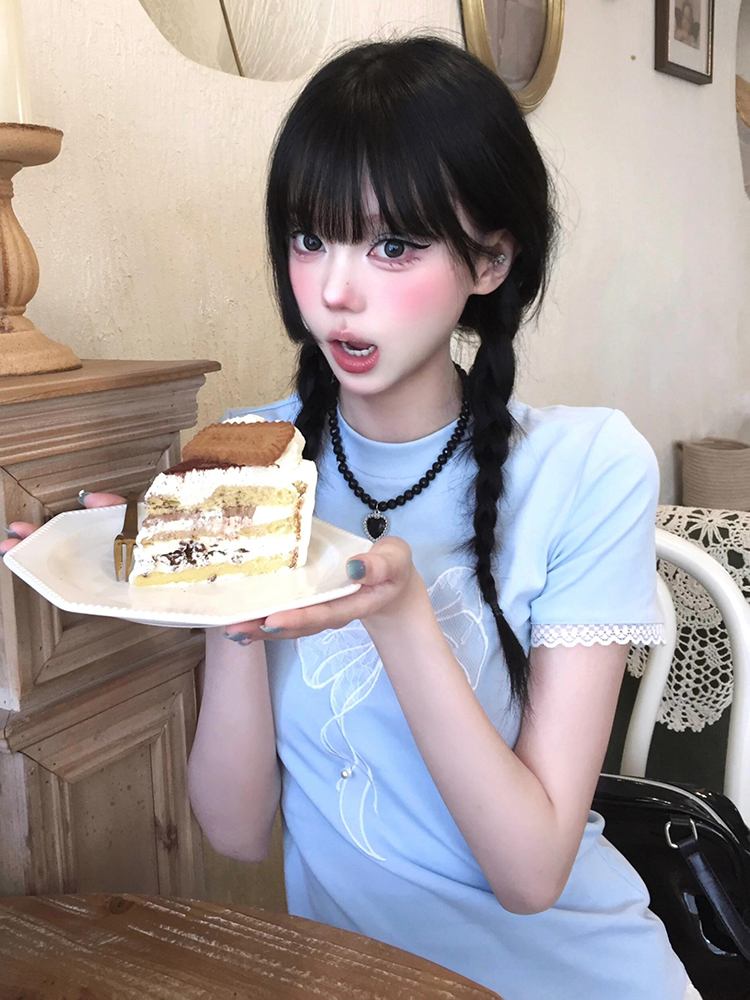 Blue Off-Shoulder Short Sleeve Summer T-Shirt for Women with Bow Lace, Slim Fit Flattering Sweet & Spicy Jazz Top Blue Off-Shoulder Short Sleeve Summer T-Shirt for Women with Bow Lace, Slim Fit Flattering Sweet & Spicy Jazz Top