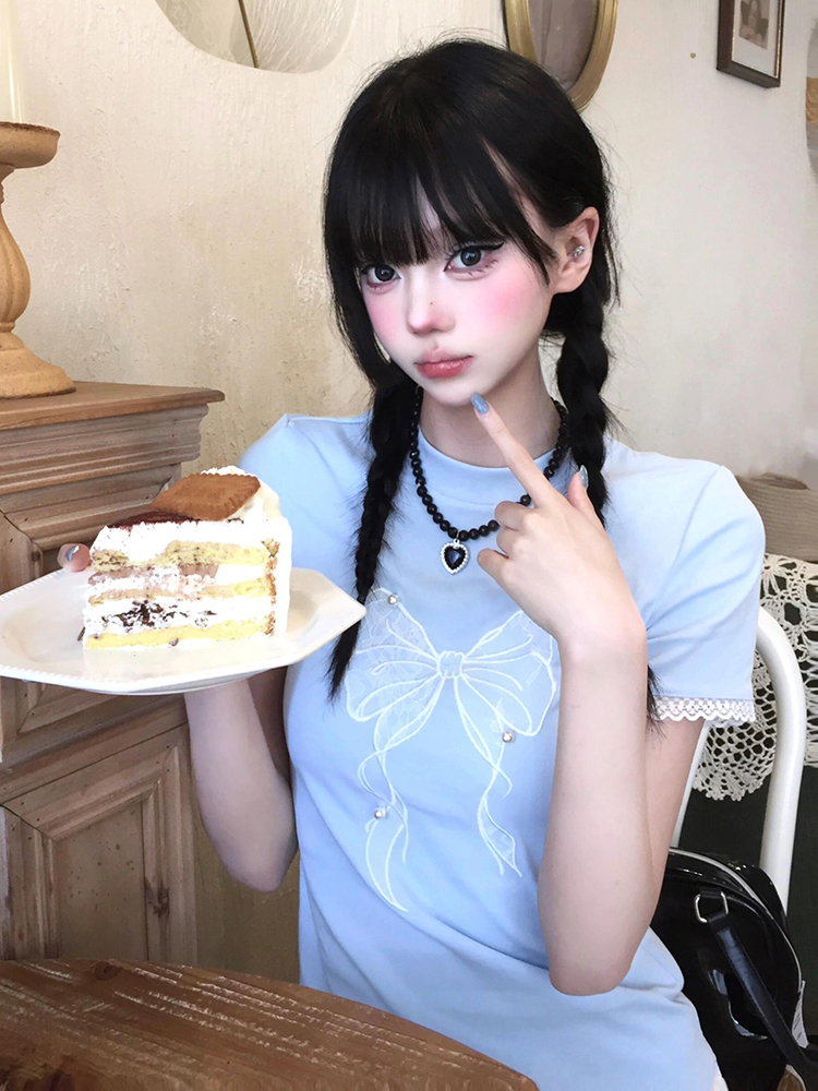 Blue Off-Shoulder Short Sleeve Summer T-Shirt for Women with Bow Lace, Slim Fit Flattering Sweet & Spicy Jazz Top Blue Off-Shoulder Short Sleeve Summer T-Shirt for Women with Bow Lace, Slim Fit Flattering Sweet & Spicy Jazz Top