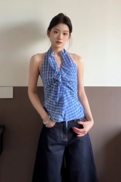 Blue Plaid Halter Neck Vest for Women - Summer Fitted V-Neck Sleeveless Top, Trendy and Flattering Style