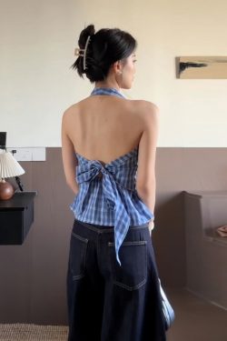 Blue Plaid Halter Neck Vest for Women - Summer Fitted V-Neck Sleeveless Top, Trendy and Flattering Style