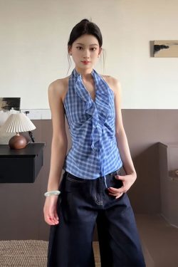 Blue Plaid Halter Neck Vest for Women - Summer Fitted V-Neck Sleeveless Top, Trendy and Flattering Style