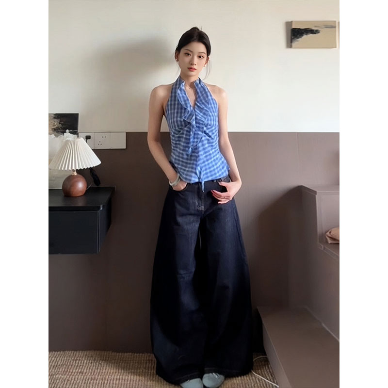 Blue Plaid Halter Neck Vest for Women - Summer Fitted V-Neck Sleeveless Top, Trendy and Flattering Style Blue Plaid Halter Neck Vest for Women - Summer Fitted V-Neck Sleeveless Top, Trendy and Flattering Style