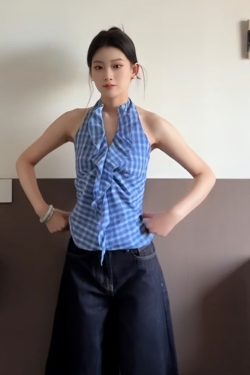 Blue Plaid Halter Neck Vest for Women - Summer Fitted V-Neck Sleeveless Top, Trendy and Flattering Style