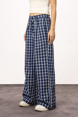 Blue Plaid Straight Leg Pants for Women - Summer Loose Fit BF Style Inspired by Captain Zhao Lusi