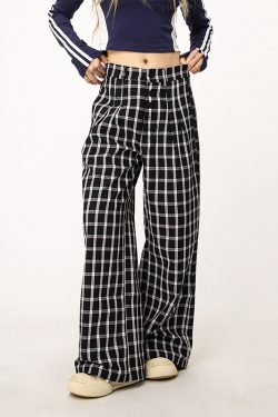 Blue Plaid Straight Leg Pants for Women - Summer Loose Fit BF Style Inspired by Captain Zhao Lusi