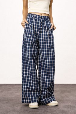 Blue Plaid Straight Leg Pants for Women - Summer Loose Fit BF Style Inspired by Captain Zhao Lusi