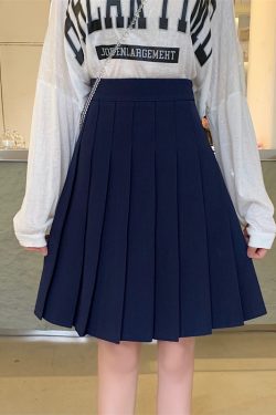 Blue Pleated Mid-Length A-Line Skirt for Spring and Summer, High-Waisted, Hip-Covering, Slimming JK Style Umbrella Skirt