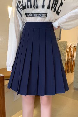 Blue Pleated Mid-Length A-Line Skirt for Spring and Summer, High-Waisted, Hip-Covering, Slimming JK Style Umbrella Skirt