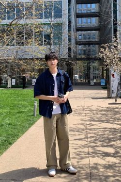 Blue Pocket Denim Short-Sleeve Shirt - American Retro Minimalist Style, Summer Loose Fit, Versatile Casual for Couples and Work