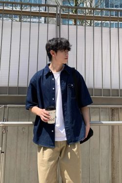 Blue Pocket Denim Short-Sleeve Shirt - American Retro Minimalist Style, Summer Loose Fit, Versatile Casual for Couples and Work