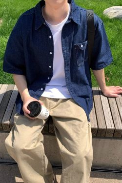 Blue Pocket Denim Short-Sleeve Shirt - American Retro Minimalist Style, Summer Loose Fit, Versatile Casual for Couples and Work