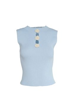 Blue Retro Ice Silk Camisole for Women - Summer Slim Fit Hollow Out Top with Starry River Silver Light Design