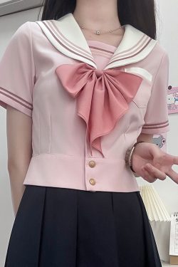 Blue Sailor Suit Women's College Style Waist-Defined Shirt - Japanese JK Uniform with Machida Pudding Bear Design for Summer