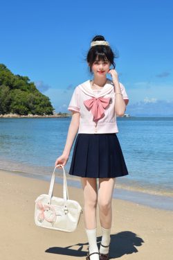 Blue Sailor Suit Women's College Style Waist-Defined Shirt - Japanese JK Uniform with Machida Pudding Bear Design for Summer