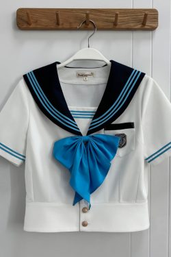 Blue Sailor Suit Women's College Style Waist-Defined Shirt - Japanese JK Uniform with Machida Pudding Bear Design for Summer