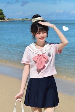 Blue Sailor Suit Women's College Style Waist-Defined Shirt - Japanese JK Uniform with Machida Pudding Bear Design for Summer