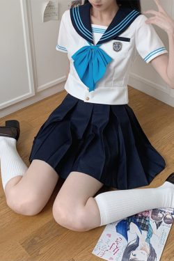 Blue Sailor Suit Women's College Style Waist-Defined Shirt - Japanese JK Uniform with Machida Pudding Bear Design for Summer