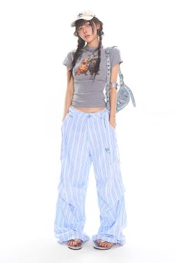 Blue Striped Bow Casual Wide-Leg Pants for Women - Summer Spliced Lace Design, Trendy 90s Inspired Straight-Leg Style