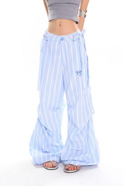 Blue Striped Bow Casual Wide-Leg Pants for Women - Summer Spliced Lace Design, Trendy 90s Inspired Straight-Leg Style