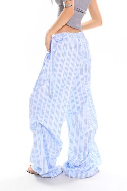 Blue Striped Bow Casual Wide-Leg Pants for Women - Summer Spliced Lace Design, Trendy 90s Inspired Straight-Leg Style