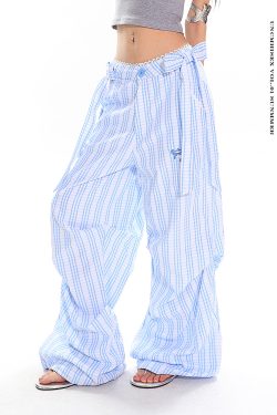 Blue Striped Bow Casual Wide-Leg Pants for Women - Summer Spliced Lace Design, Trendy 90s Inspired Straight-Leg Style