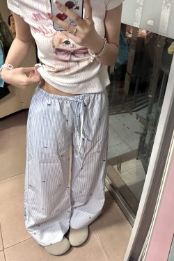 Blue Striped Casual Wide-Leg Pants for Women - Summer Loose Bow Design, Versatile Floor-Length Draping Trousers in American Style