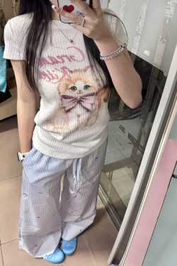 Blue Striped Casual Wide-Leg Pants for Women - Summer Loose Bow Design, Versatile Floor-Length Draping Trousers in American Style