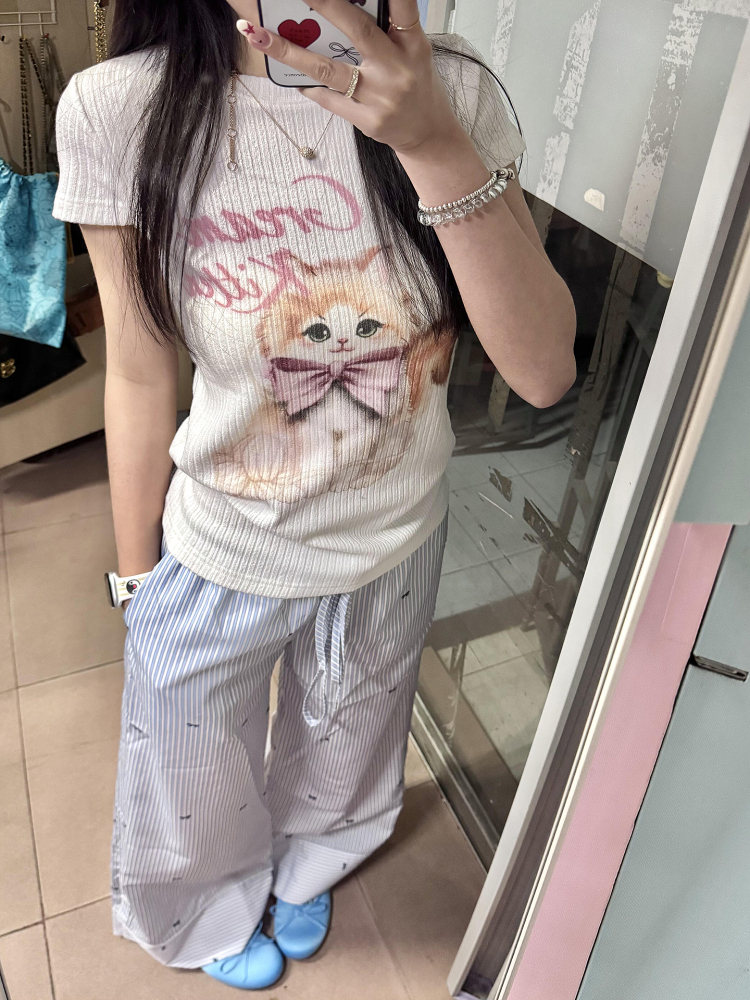 Blue Striped Casual Wide-Leg Pants for Women - Summer Loose Bow Design, Versatile Floor-Length Draping Trousers in American Style Blue Striped Casual Wide-Leg Pants for Women - Summer Loose Bow Design, Versatile Floor-Length Draping Trousers in American Style