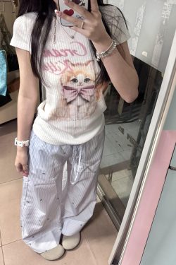 Blue Striped Casual Wide-Leg Pants for Women - Summer Loose Bow Design, Versatile Floor-Length Draping Trousers in American Style