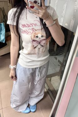 Blue Striped Casual Wide-Leg Pants for Women - Summer Loose Bow Design, Versatile Floor-Length Draping Trousers in American Style