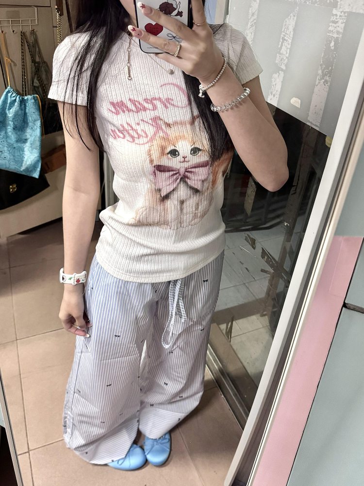 Blue Striped Casual Wide-Leg Pants for Women - Summer Loose Bow Design, Versatile Floor-Length Draping Trousers in American Style Blue Striped Casual Wide-Leg Pants for Women - Summer Loose Bow Design, Versatile Floor-Length Draping Trousers in American Style