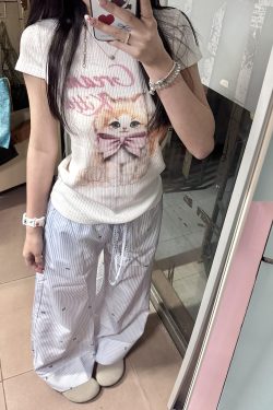 Blue Striped Casual Wide-Leg Pants for Women - Summer Loose Bow Design, Versatile Floor-Length Draping Trousers in American Style