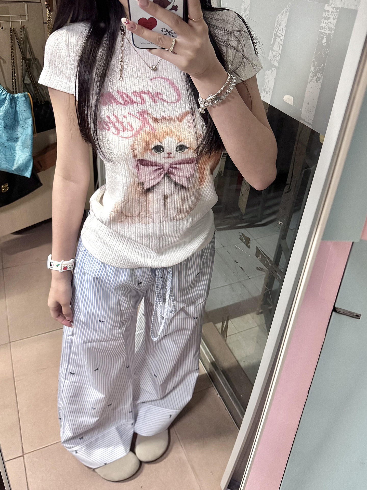 Blue Striped Casual Wide-Leg Pants for Women - Summer Loose Bow Design, Versatile Floor-Length Draping Trousers in American Style Blue Striped Casual Wide-Leg Pants for Women - Summer Loose Bow Design, Versatile Floor-Length Draping Trousers in American Style