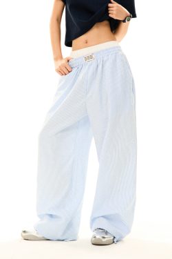 Blue Striped High Waist Slim Straight Leg Casual Pants for Women - Summer Fake Two-Piece Lazy Style Trousers