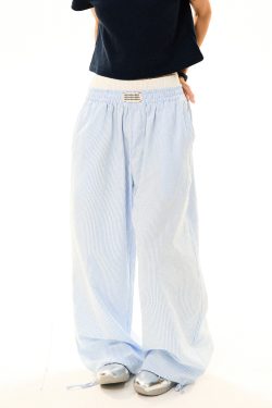 Blue Striped High Waist Slim Straight Leg Casual Pants for Women - Summer Fake Two-Piece Lazy Style Trousers