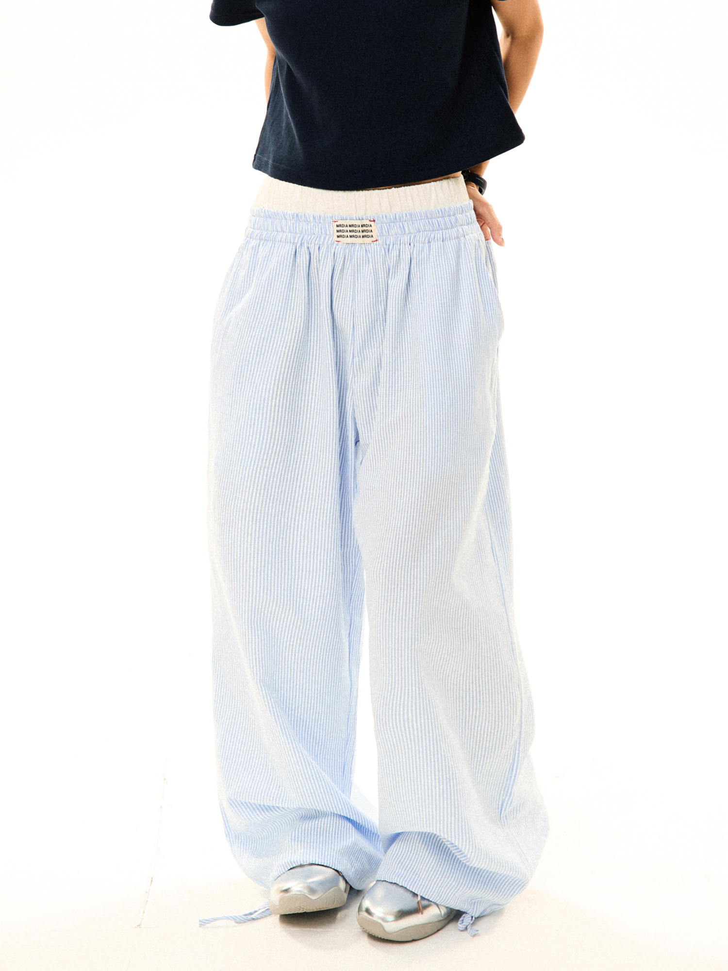 Blue Striped High Waist Slim Straight Leg Casual Pants for Women - Summer Fake Two-Piece Lazy Style Trousers Blue Striped High Waist Slim Straight Leg Casual Pants for Women - Summer Fake Two-Piece Lazy Style Trousers