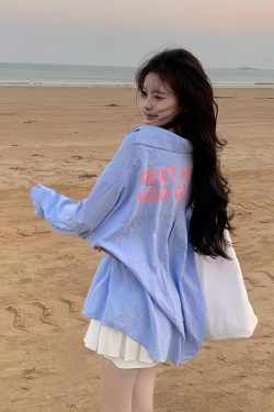 Blue Striped Printed Loose Long Sleeve Shirt with Heartbeat Design for Women - Trendy Y2K Style Top