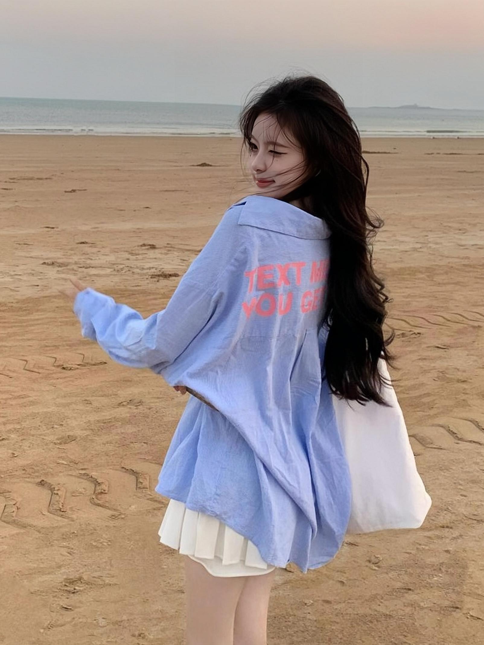 Blue Striped Printed Loose Long Sleeve Shirt with Heartbeat Design for Women - Trendy Y2K Style Top Blue Striped Printed Loose Long Sleeve Shirt with Heartbeat Design for Women - Trendy Y2K Style Top